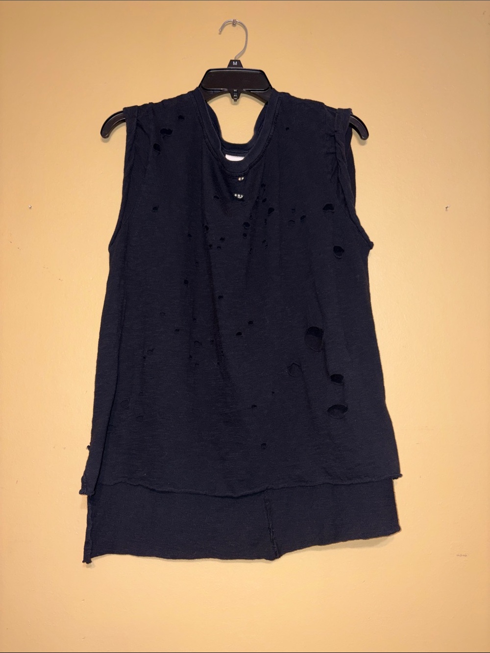 Free People Med Made in the USA Black Rolled Short Sleeve Distress Cotton Shirt